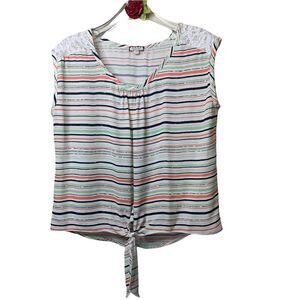 EYESHADOW Multi color stripes front tie blouse with lace design on shoulder